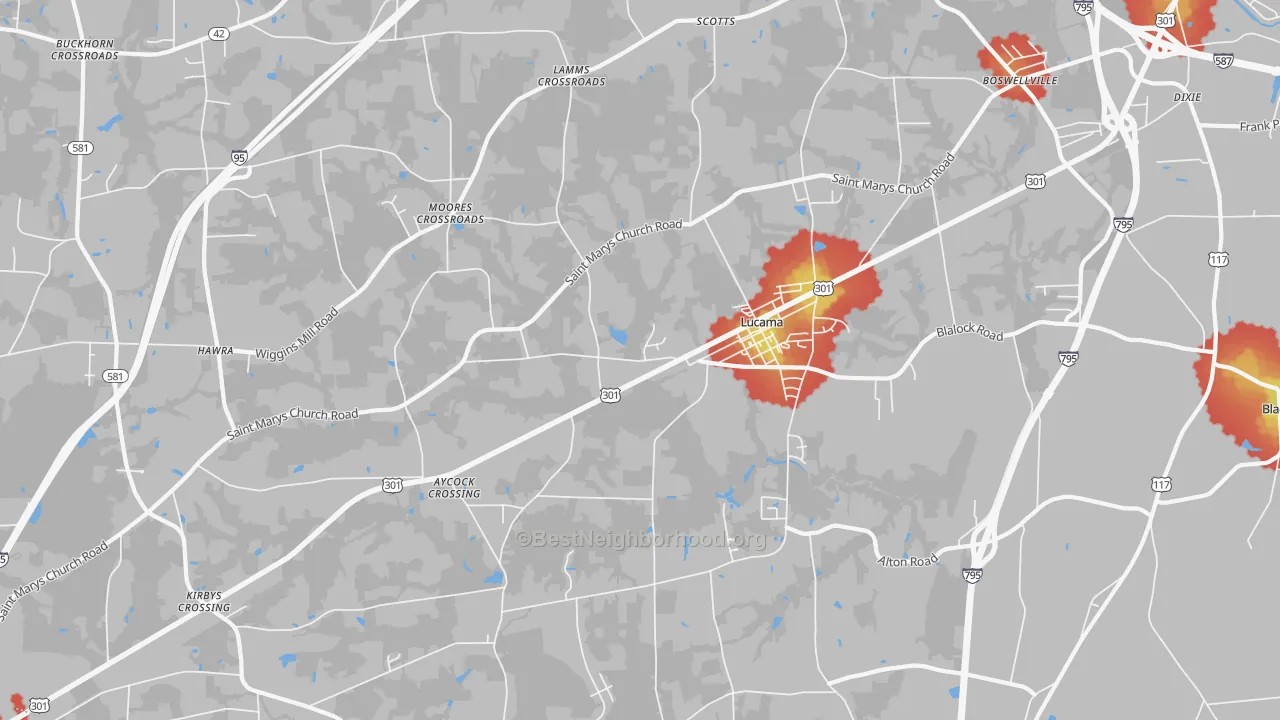 Walk Grade map of Lucama, NC, walkable areas in green and car-dependent areas in red
