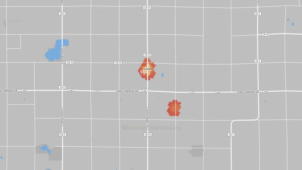 Walk Grade map of Lucan, MN, walkable areas in green and car-dependent areas in red