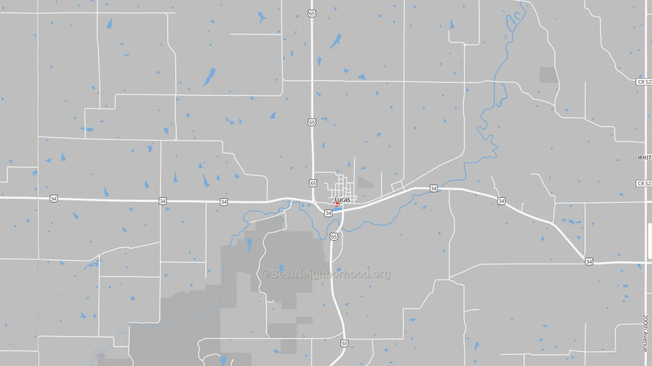 Walk Grade map of Lucas, IA, walkable areas in green and car-dependent areas in red