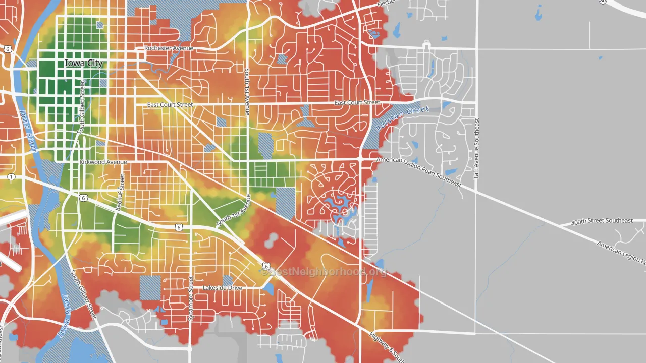 Walk Grade map of Lucas, Iowa City, IA, walkable areas in green and car-dependent areas in red