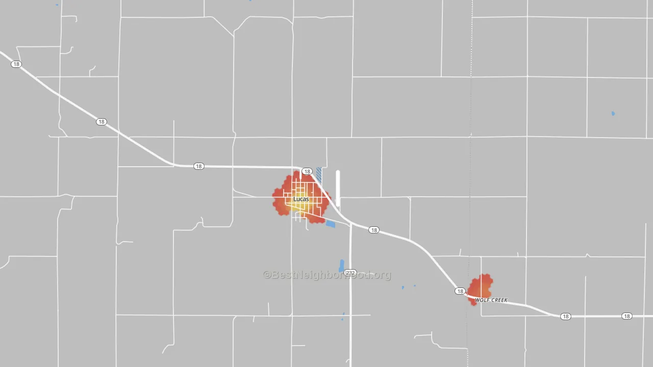 Walk Grade map of Lucas, KS, walkable areas in green and car-dependent areas in red