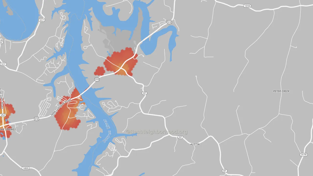 Walk Grade map of Lucas, KY, walkable areas in green and car-dependent areas in red