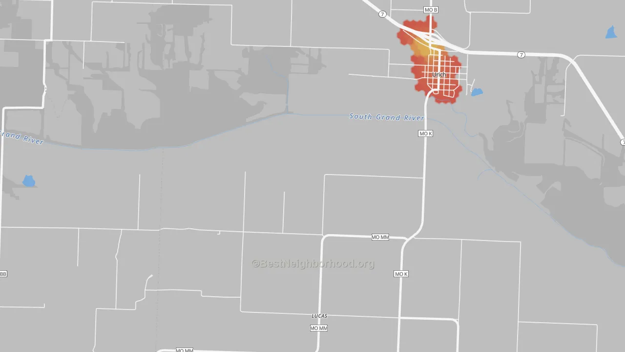Walk Grade map of Lucas, MO, walkable areas in green and car-dependent areas in red