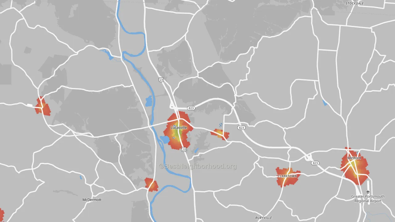 Walk Grade map of Lucasville, OH, walkable areas in green and car-dependent areas in red