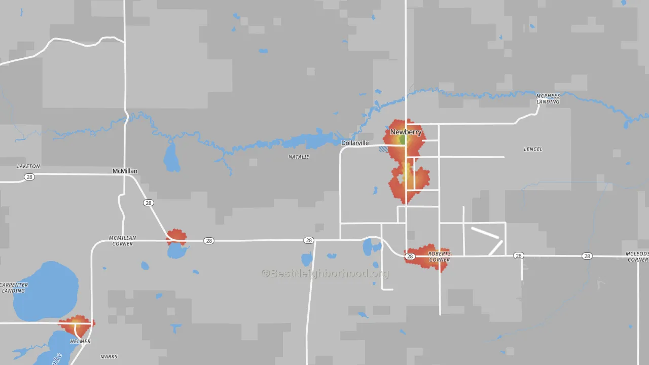 Walk Grade map of Luce County, MI, walkable areas in green and car-dependent areas in red