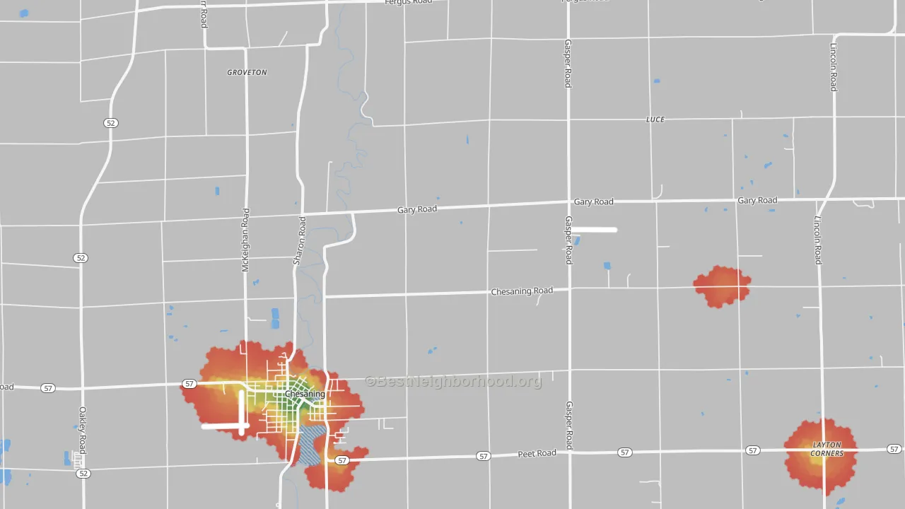 Walk Grade map of Luce, MI, walkable areas in green and car-dependent areas in red