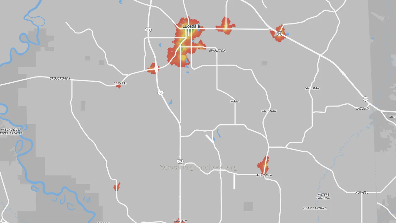 Walk Grade map of Lucedale, MS, walkable areas in green and car-dependent areas in red