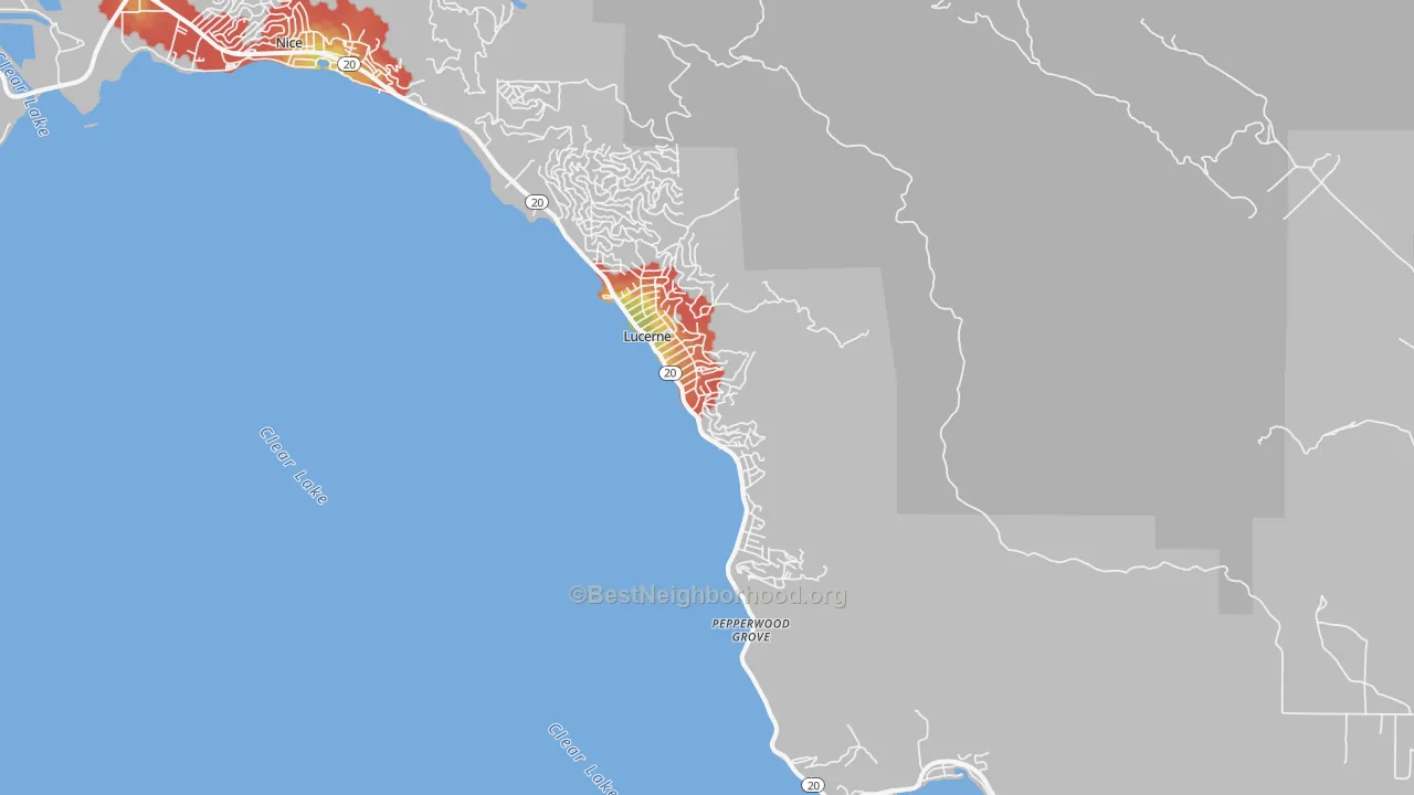 Walk Grade map of Lucerne, CA, walkable areas in green and car-dependent areas in red