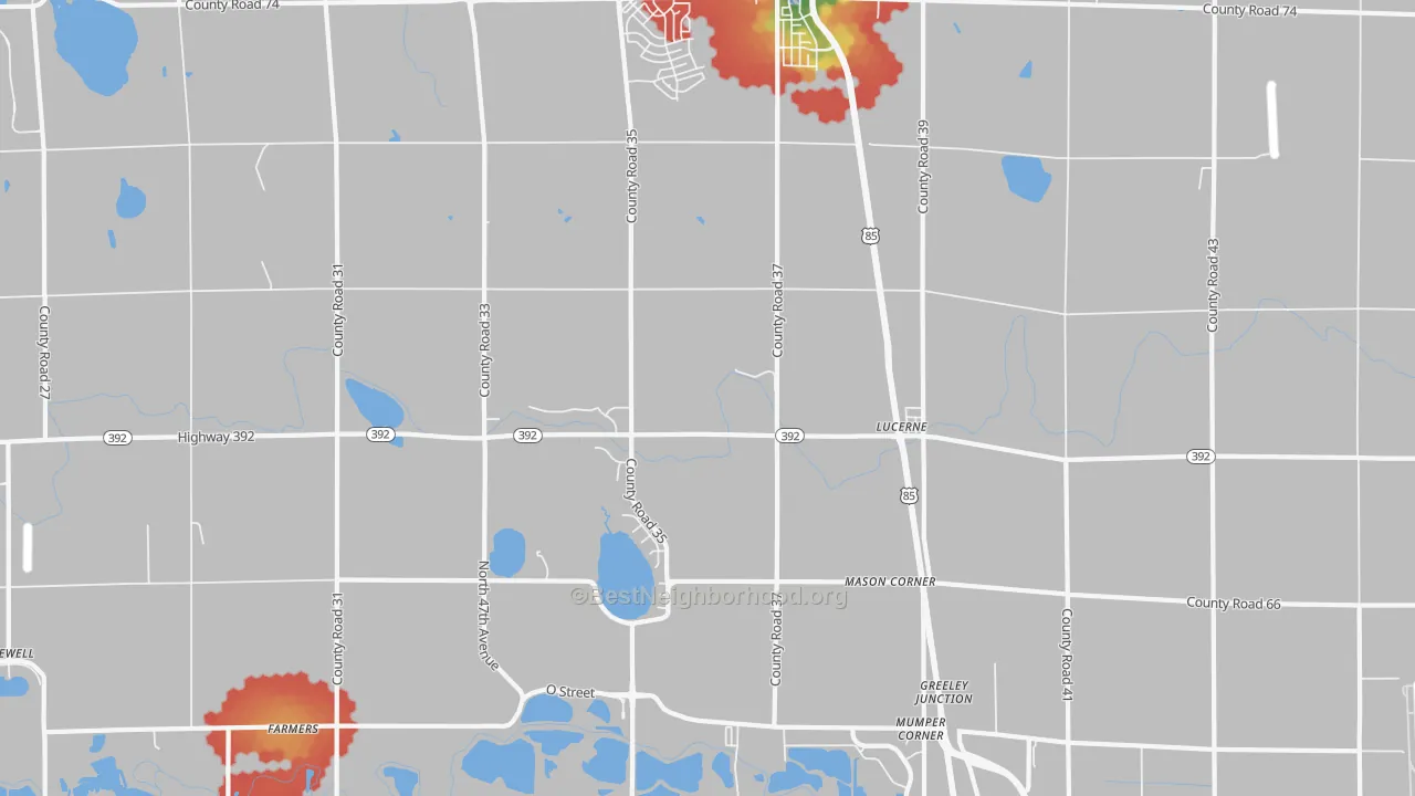 Walk Grade map of Lucerne, CO, walkable areas in green and car-dependent areas in red