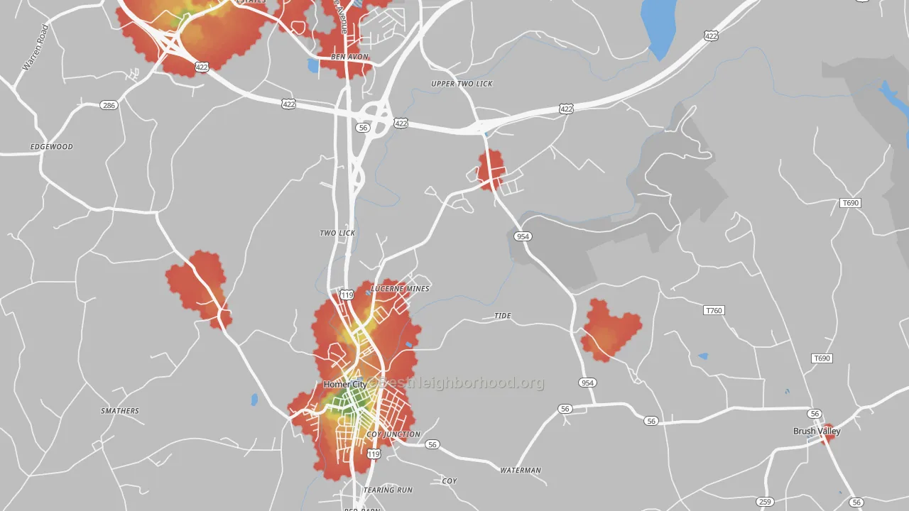 Walk Grade map of Lucerne Mines, PA, walkable areas in green and car-dependent areas in red