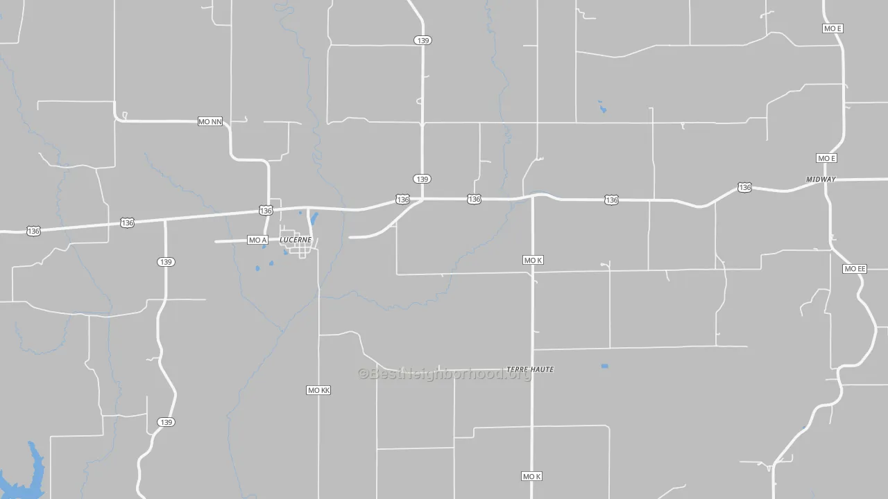 Walk Grade map of Lucerne, MO, walkable areas in green and car-dependent areas in red
