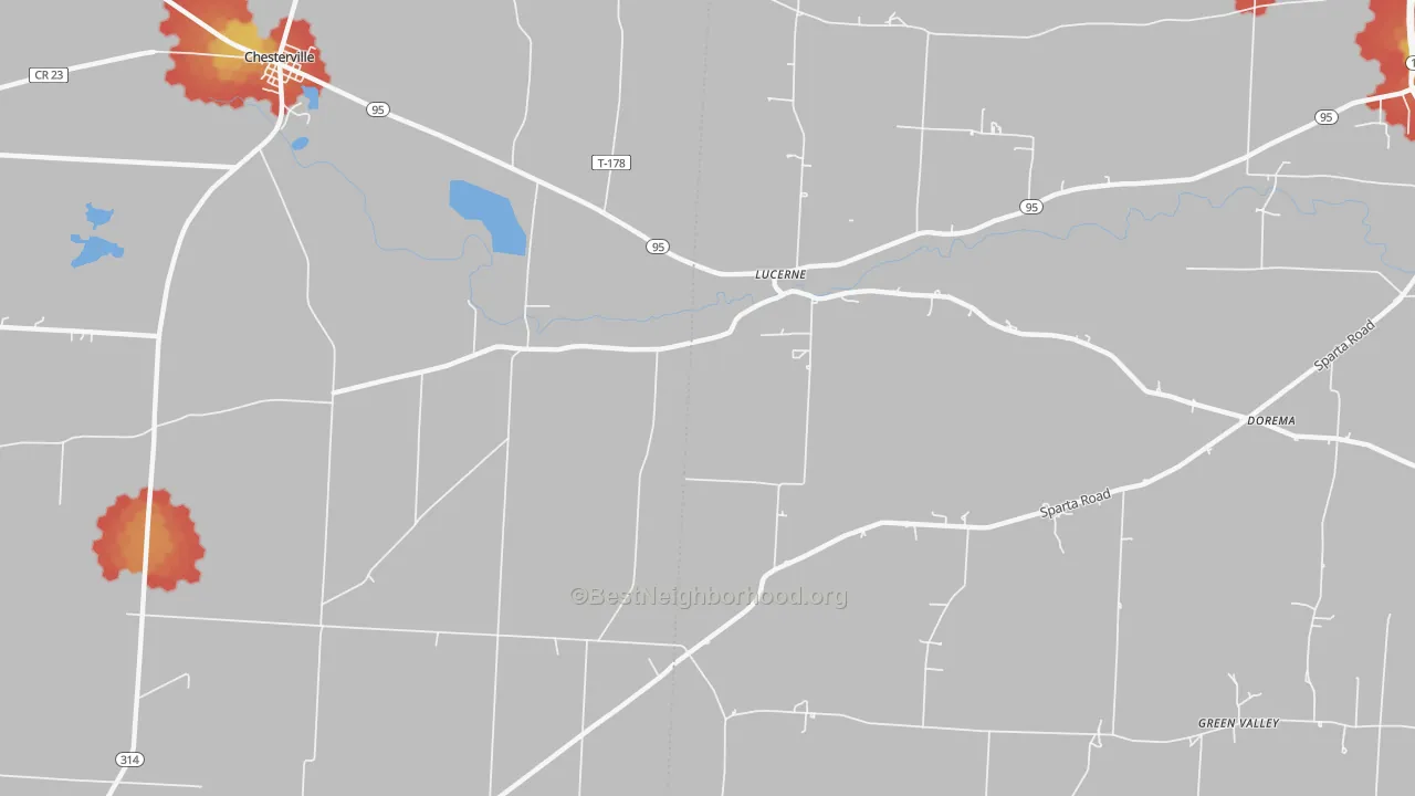 Walk Grade map of Lucerne, OH, walkable areas in green and car-dependent areas in red