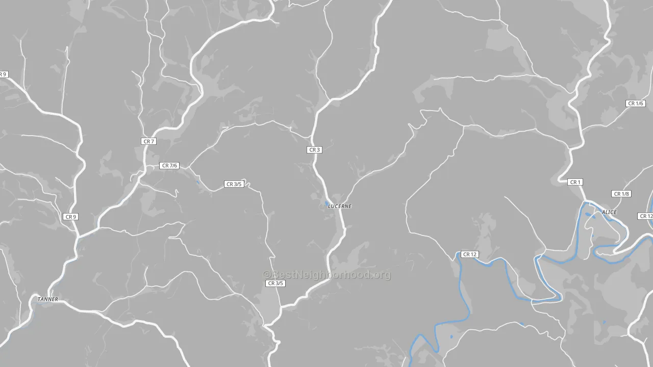 Walk Grade map of Lucerne, WV, walkable areas in green and car-dependent areas in red