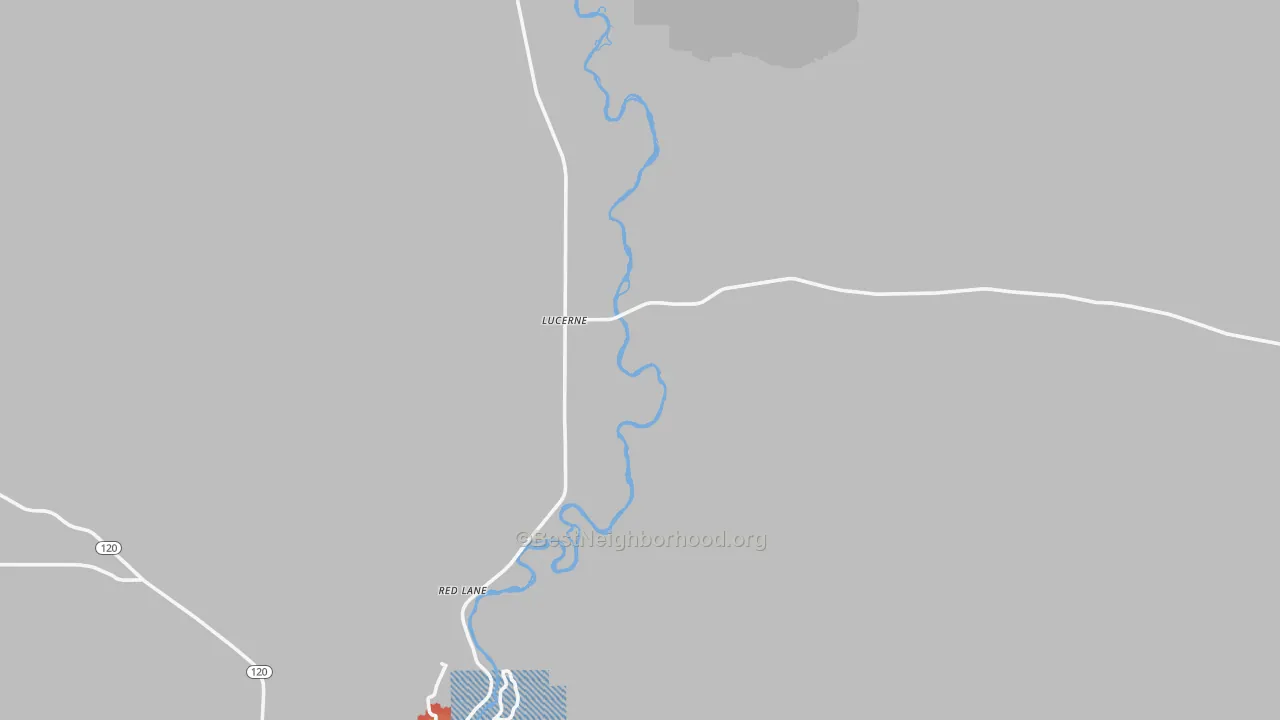 Walk Grade map of Lucerne, WY, walkable areas in green and car-dependent areas in red