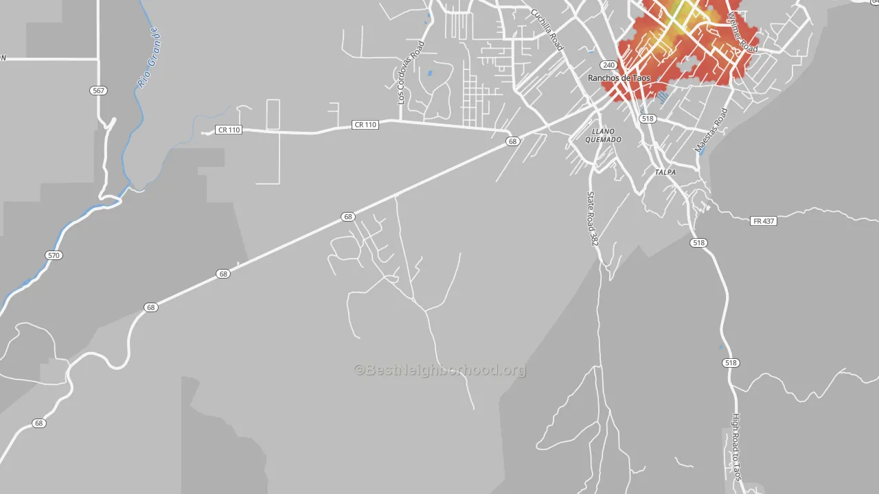 Walk Grade map of Lucero, NM, walkable areas in green and car-dependent areas in red
