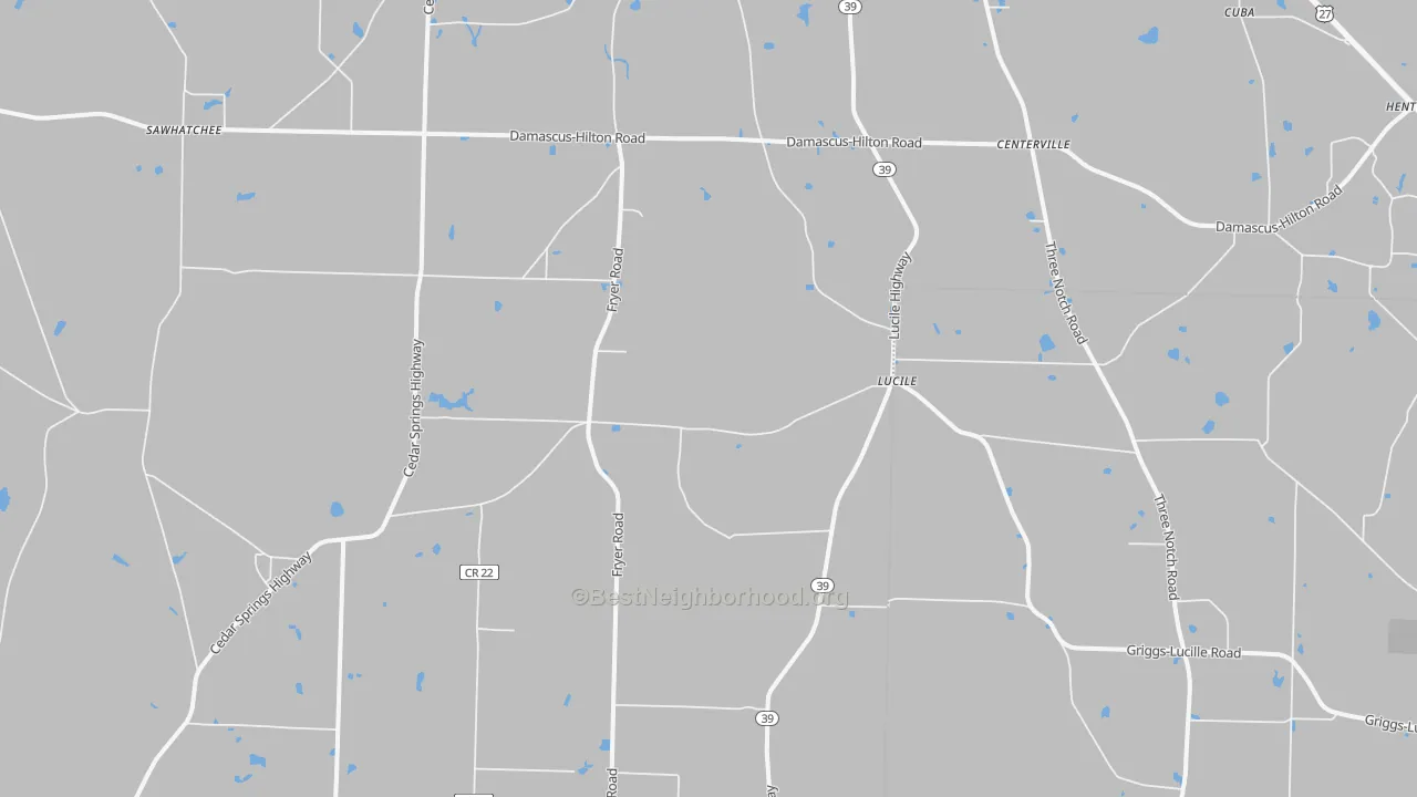Walk Grade map of Lucile, GA, walkable areas in green and car-dependent areas in red