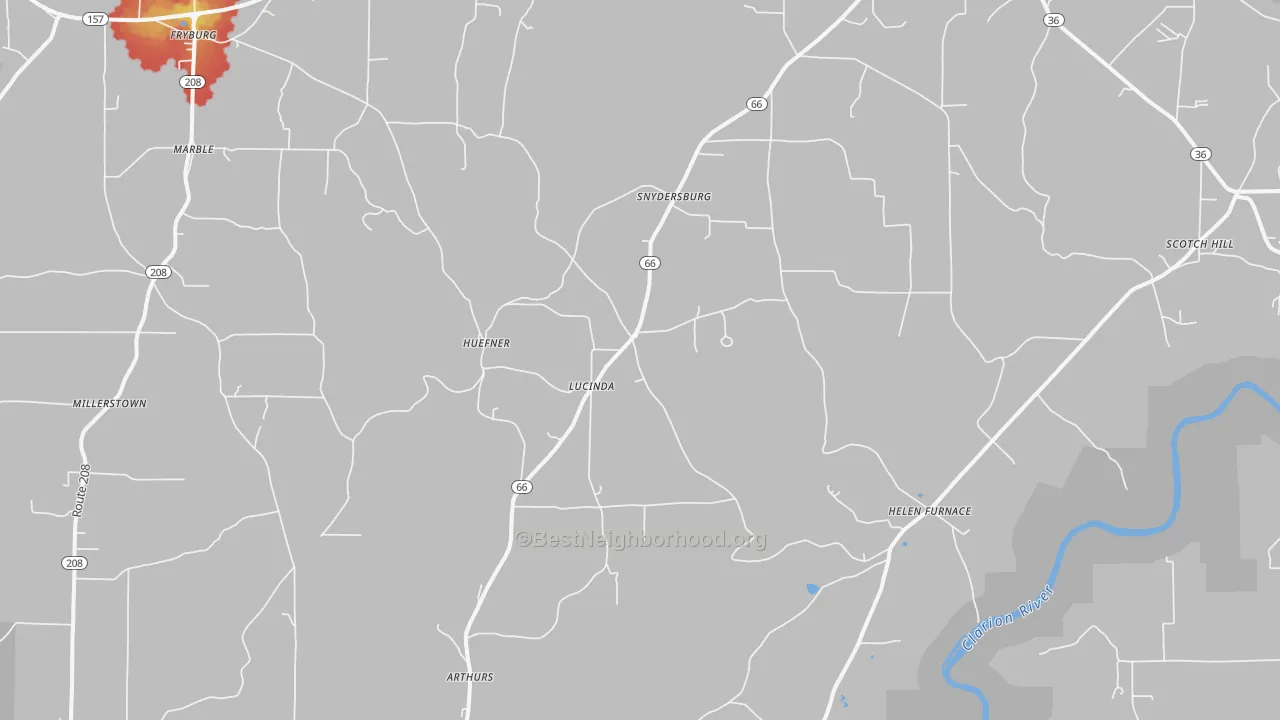 Walk Grade map of Lucinda, PA, walkable areas in green and car-dependent areas in red