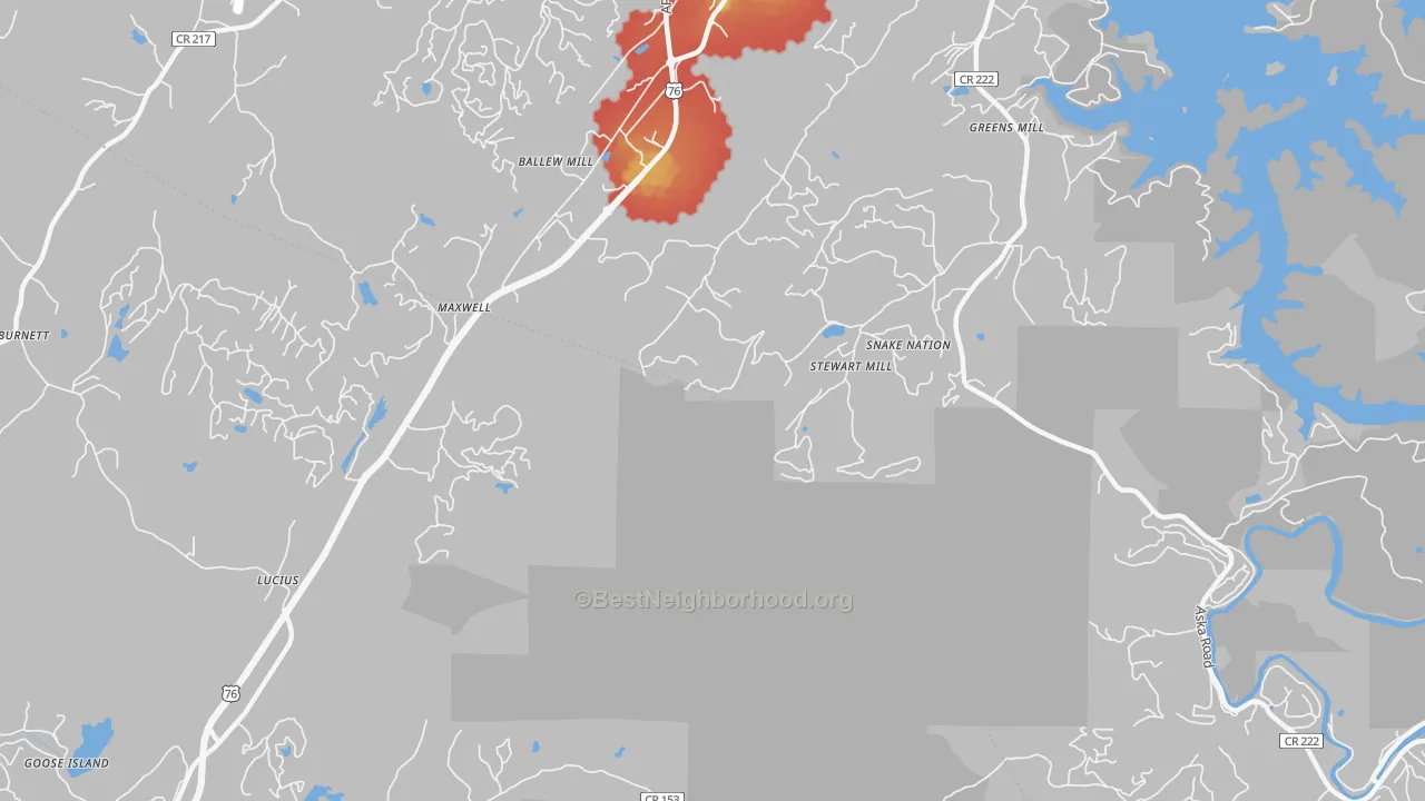 Walk Grade map of Lucius, GA, walkable areas in green and car-dependent areas in red