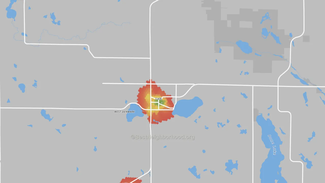 Walk Grade map of Luck, WI, walkable areas in green and car-dependent areas in red