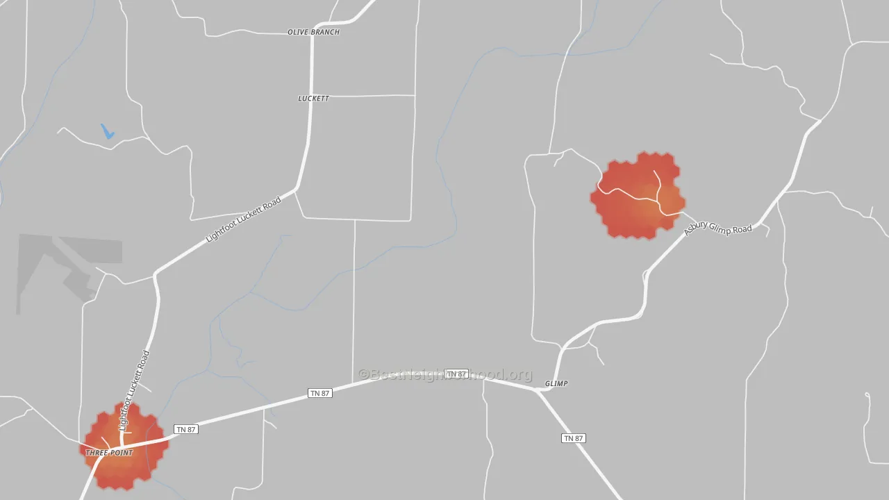 Walk Grade map of Luckett, TN, walkable areas in green and car-dependent areas in red