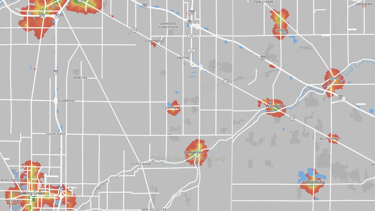 Walk Grade map of Luckey, OH, walkable areas in green and car-dependent areas in red