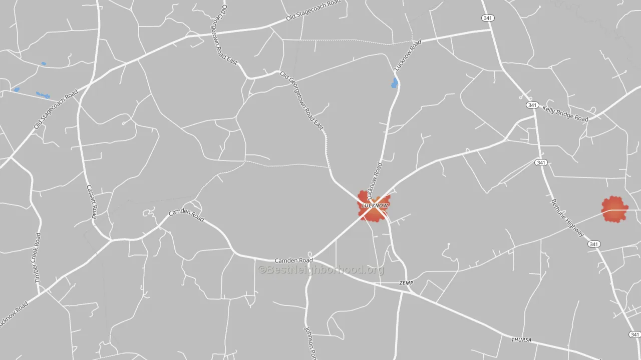 Walk Grade map of Lucknow, SC, walkable areas in green and car-dependent areas in red