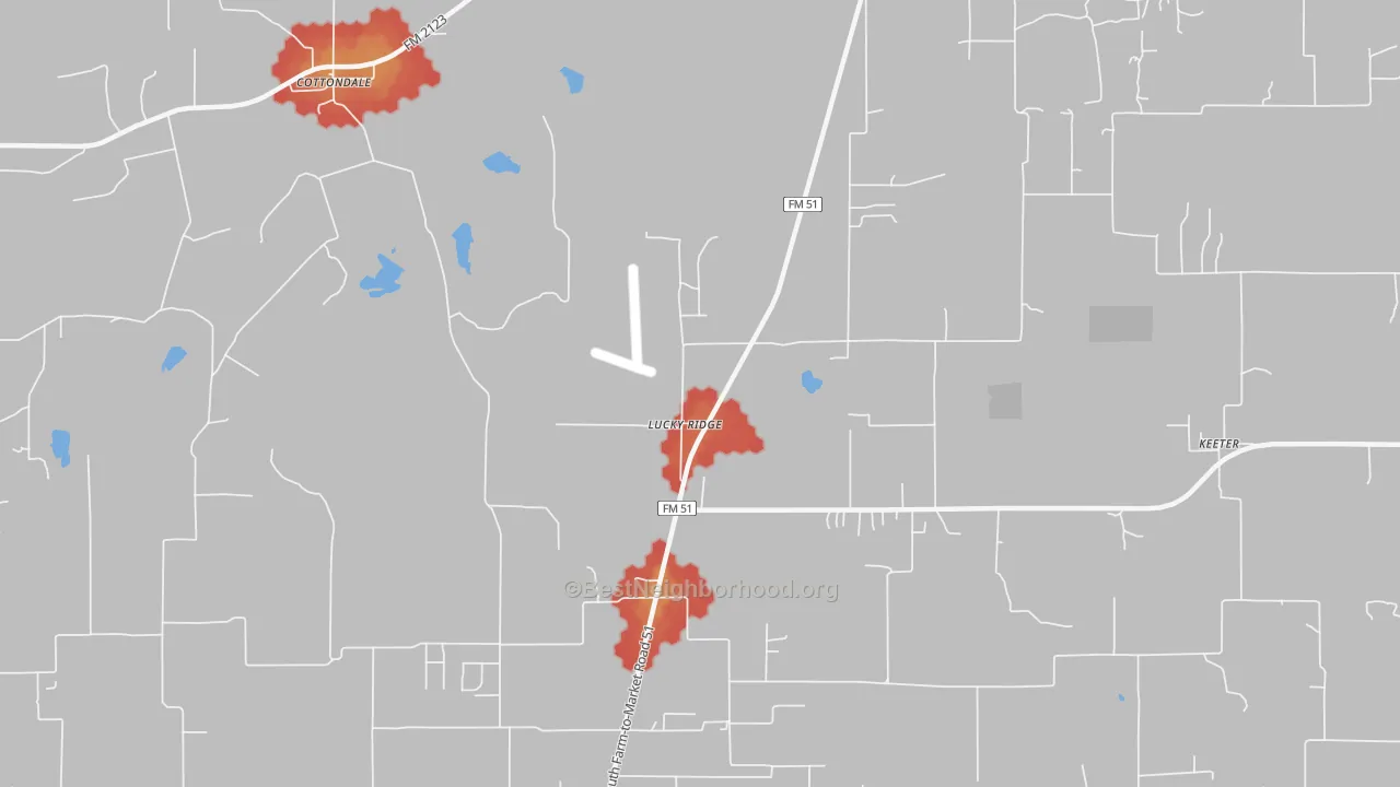 Walk Grade map of Lucky Ridge, TX, walkable areas in green and car-dependent areas in red