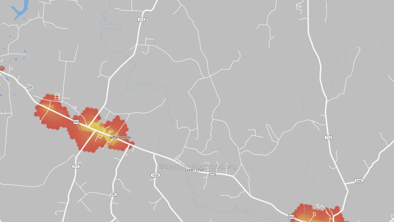 Walk Grade map of Lucky Stop, KY, walkable areas in green and car-dependent areas in red