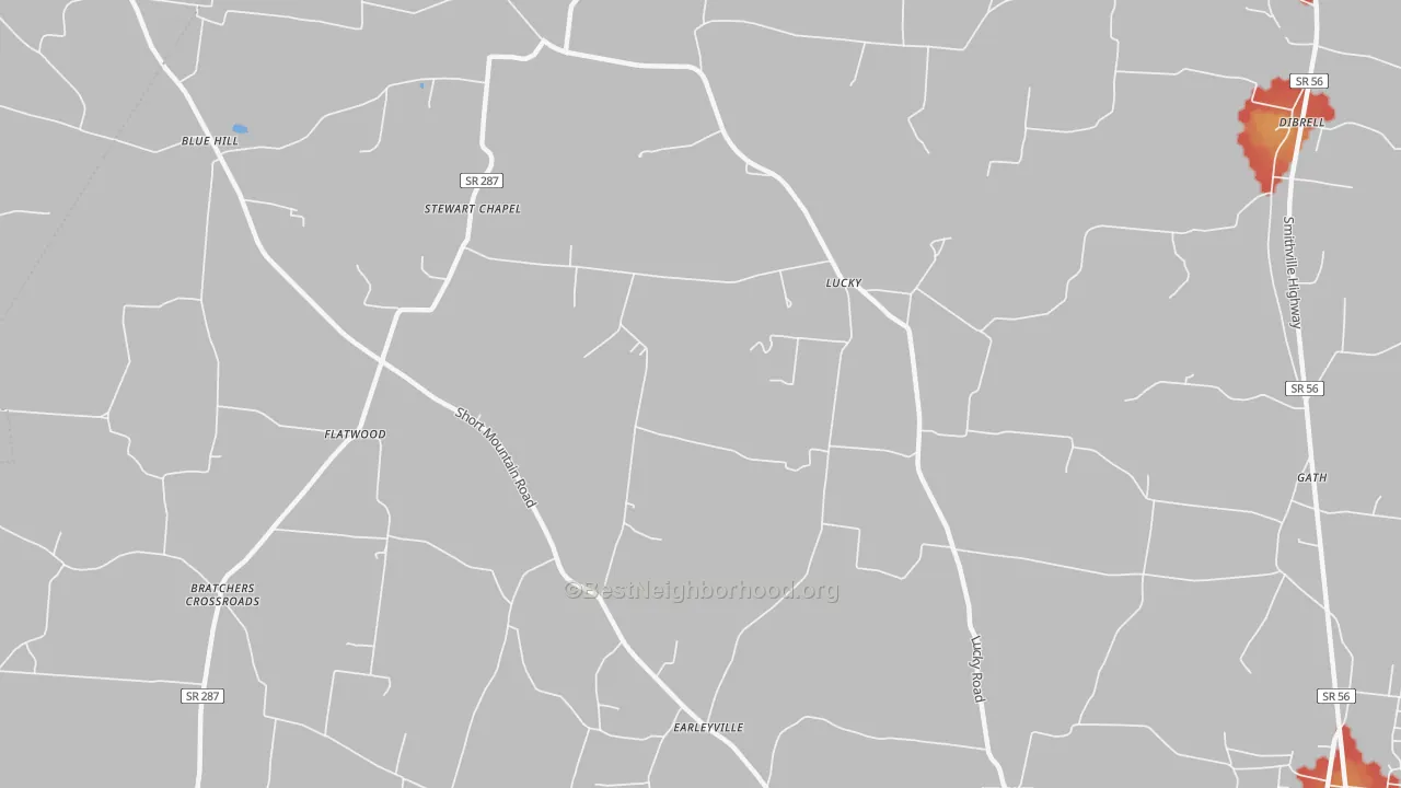 Walk Grade map of Lucky, TN, walkable areas in green and car-dependent areas in red