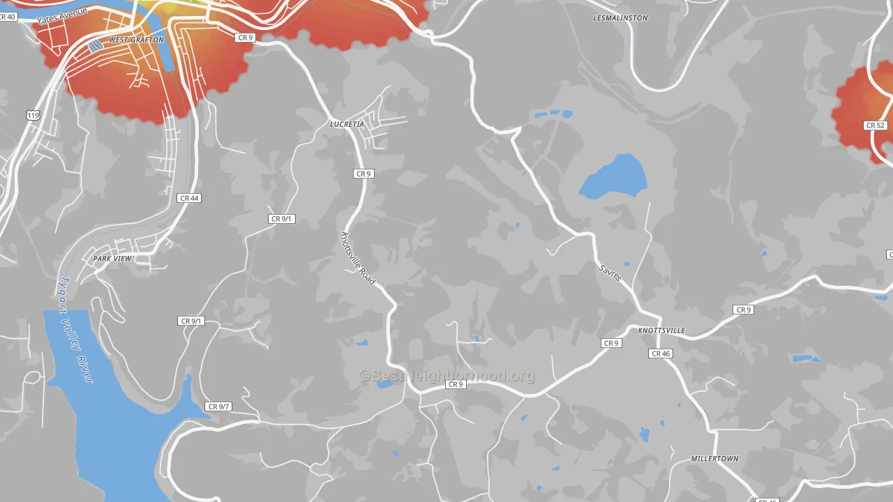 Walk Grade map of Lucretia, WV, walkable areas in green and car-dependent areas in red