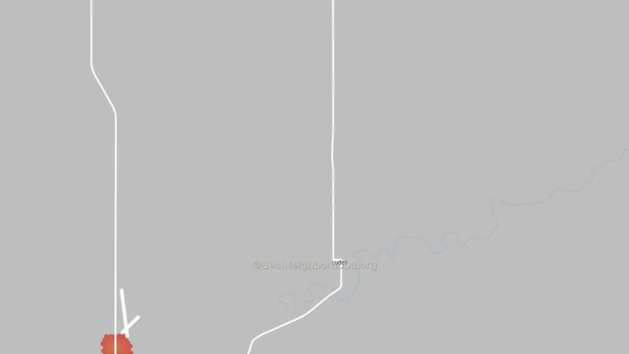 Walk Grade map of Ludell, KS, walkable areas in green and car-dependent areas in red