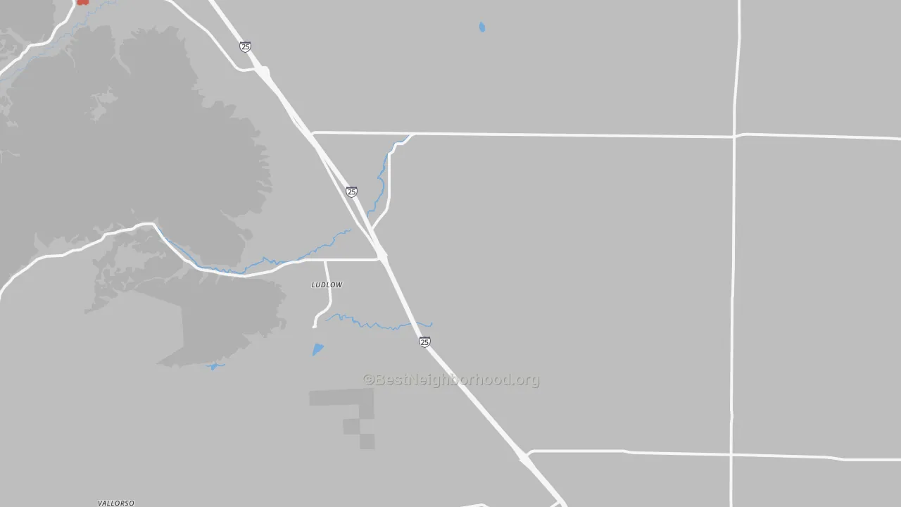 Walk Grade map of Ludlow, CO, walkable areas in green and car-dependent areas in red