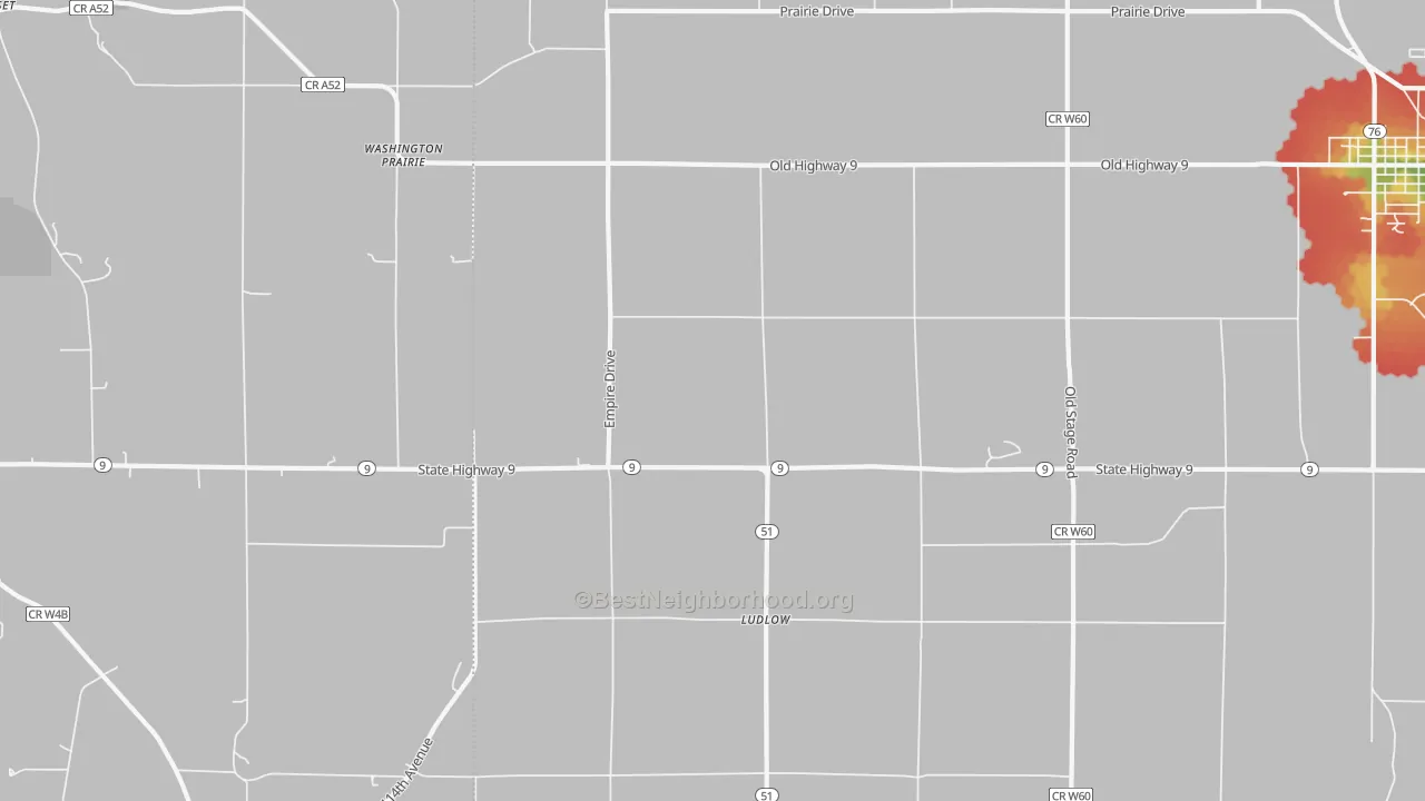 Walk Grade map of Ludlow, IA, walkable areas in green and car-dependent areas in red