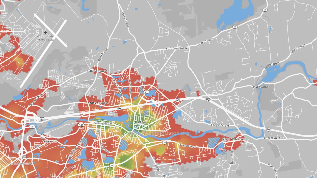 Walk Grade map of Ludlow, MA, walkable areas in green and car-dependent areas in red