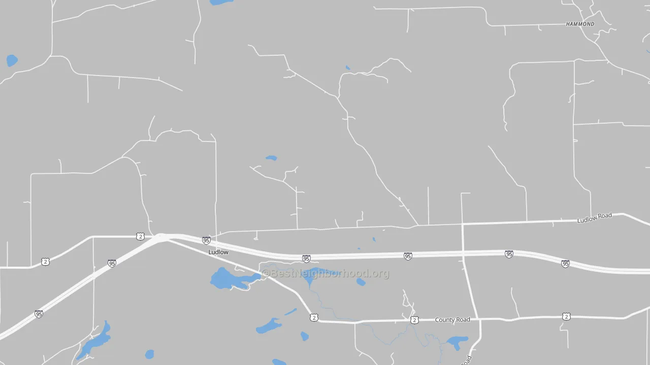 Walk Grade map of Ludlow, ME, walkable areas in green and car-dependent areas in red