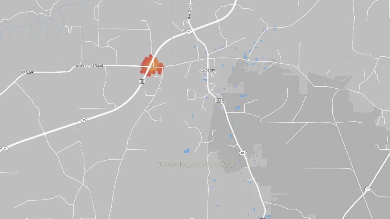 Walk Grade map of Ludlow, MS, walkable areas in green and car-dependent areas in red