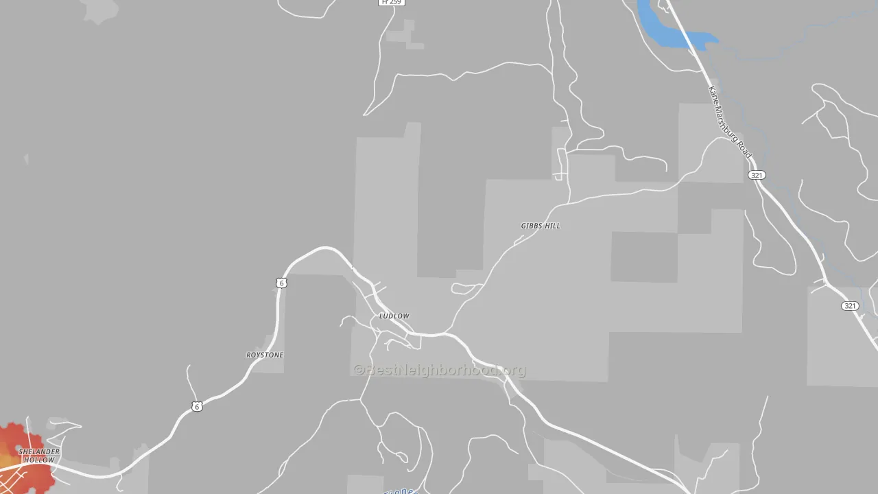 Walk Grade map of Ludlow, PA, walkable areas in green and car-dependent areas in red