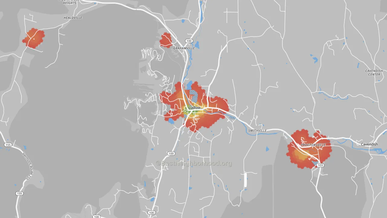 Walk Grade map of Ludlow, VT, walkable areas in green and car-dependent areas in red