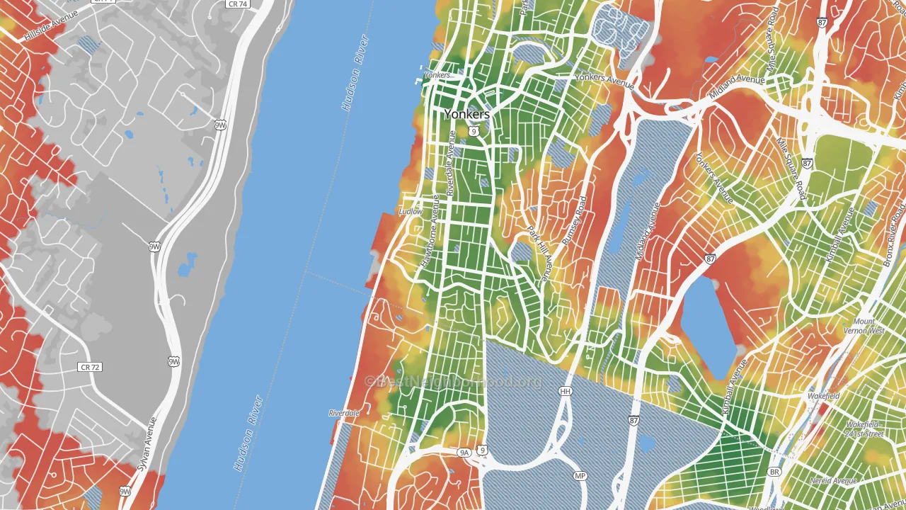 Walk Grade map of Ludlow, Yonkers, NY, walkable areas in green and car-dependent areas in red