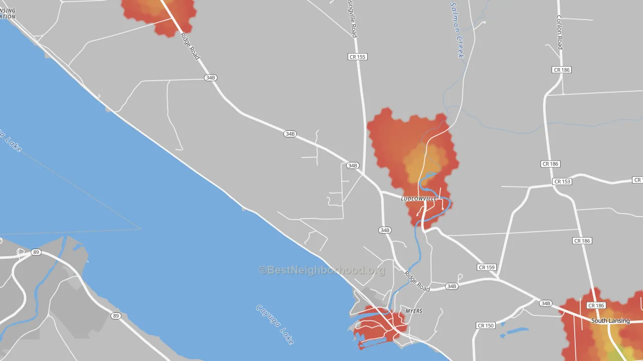 Walk Grade map of Ludlowville, NY, walkable areas in green and car-dependent areas in red