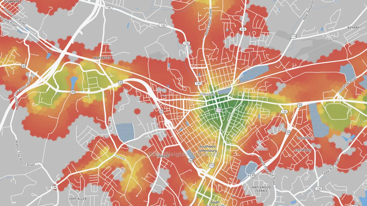 Walk Grade map of Ludwick, Greensburg, PA, walkable areas in green and car-dependent areas in red