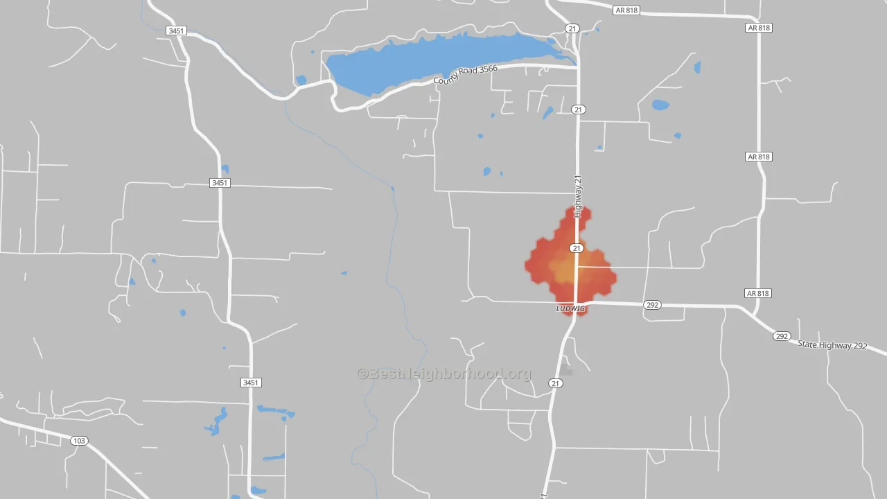 Walk Grade map of Ludwig, AR, walkable areas in green and car-dependent areas in red