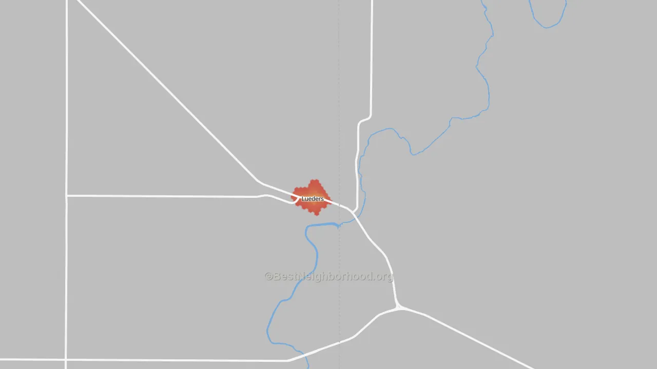 Walk Grade map of Lueders, TX, walkable areas in green and car-dependent areas in red