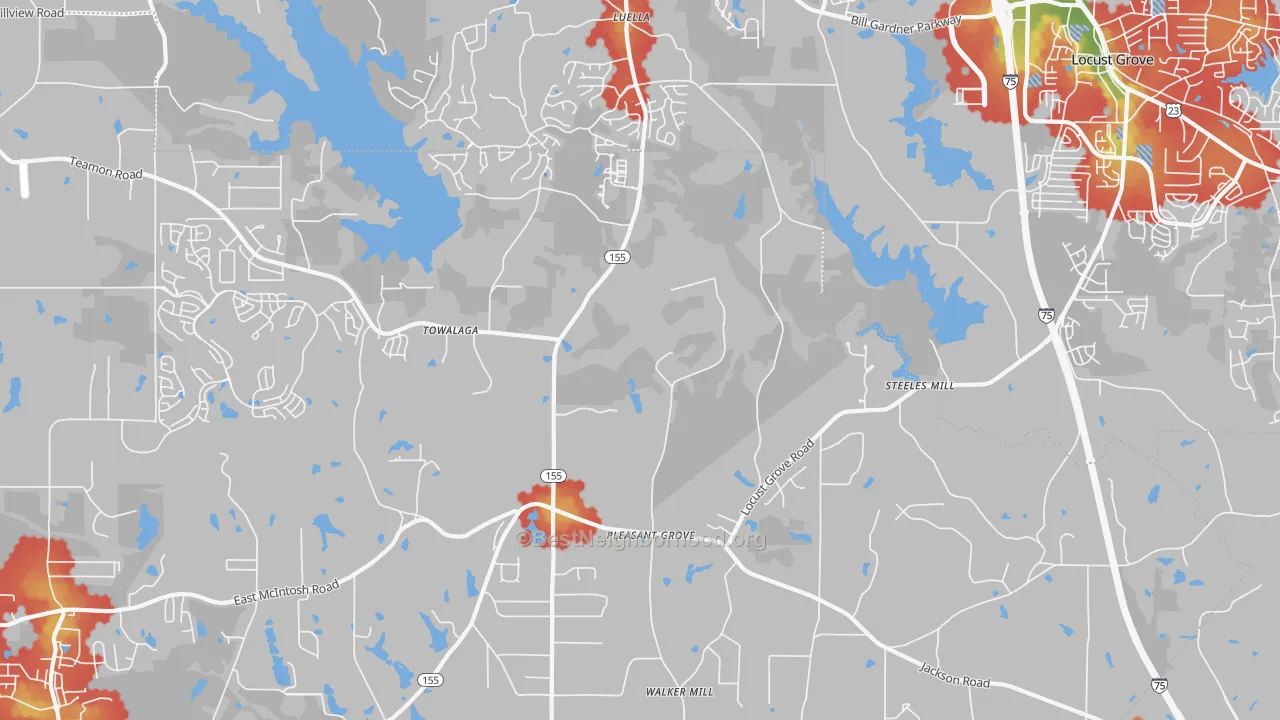 Walk Grade map of Luella, GA, walkable areas in green and car-dependent areas in red