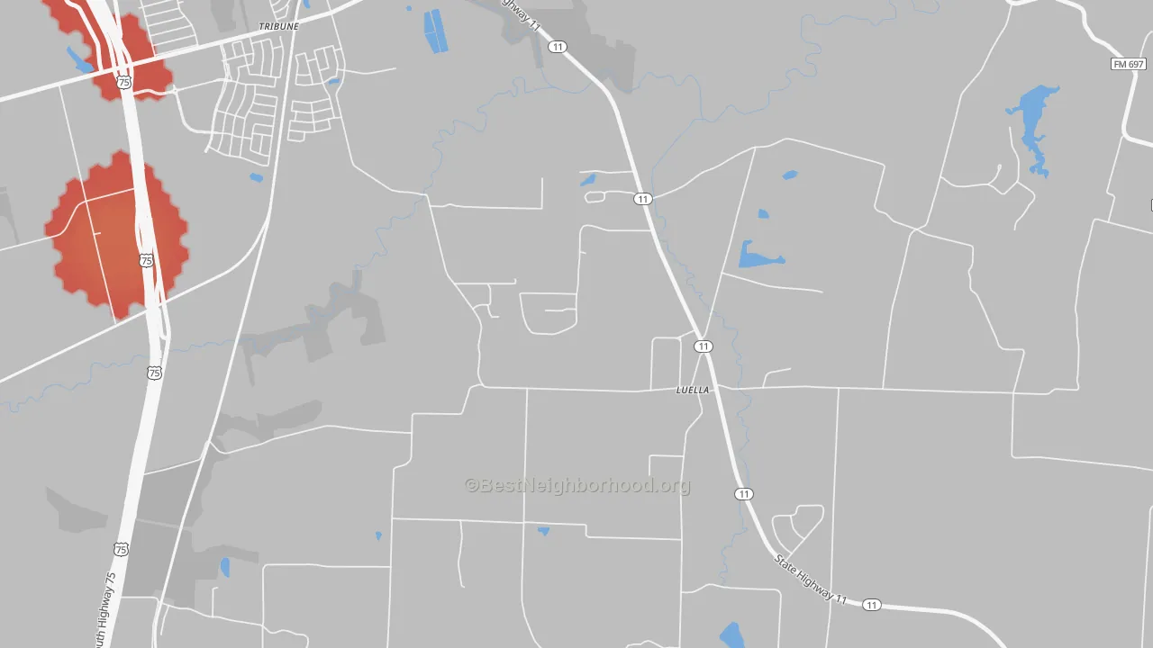 Walk Grade map of Luella, TX, walkable areas in green and car-dependent areas in red