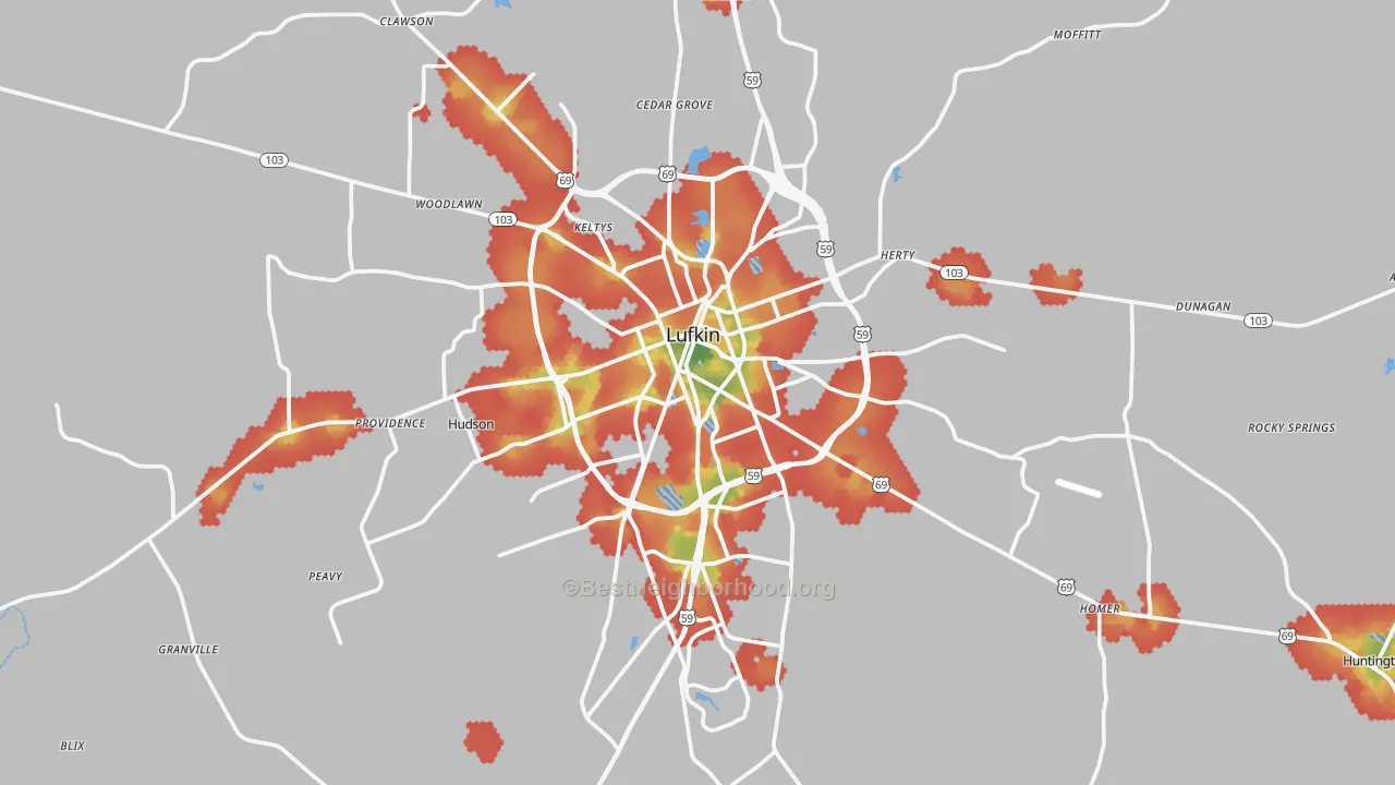 Walk Grade map of Lufkin, TX, walkable areas in green and car-dependent areas in red