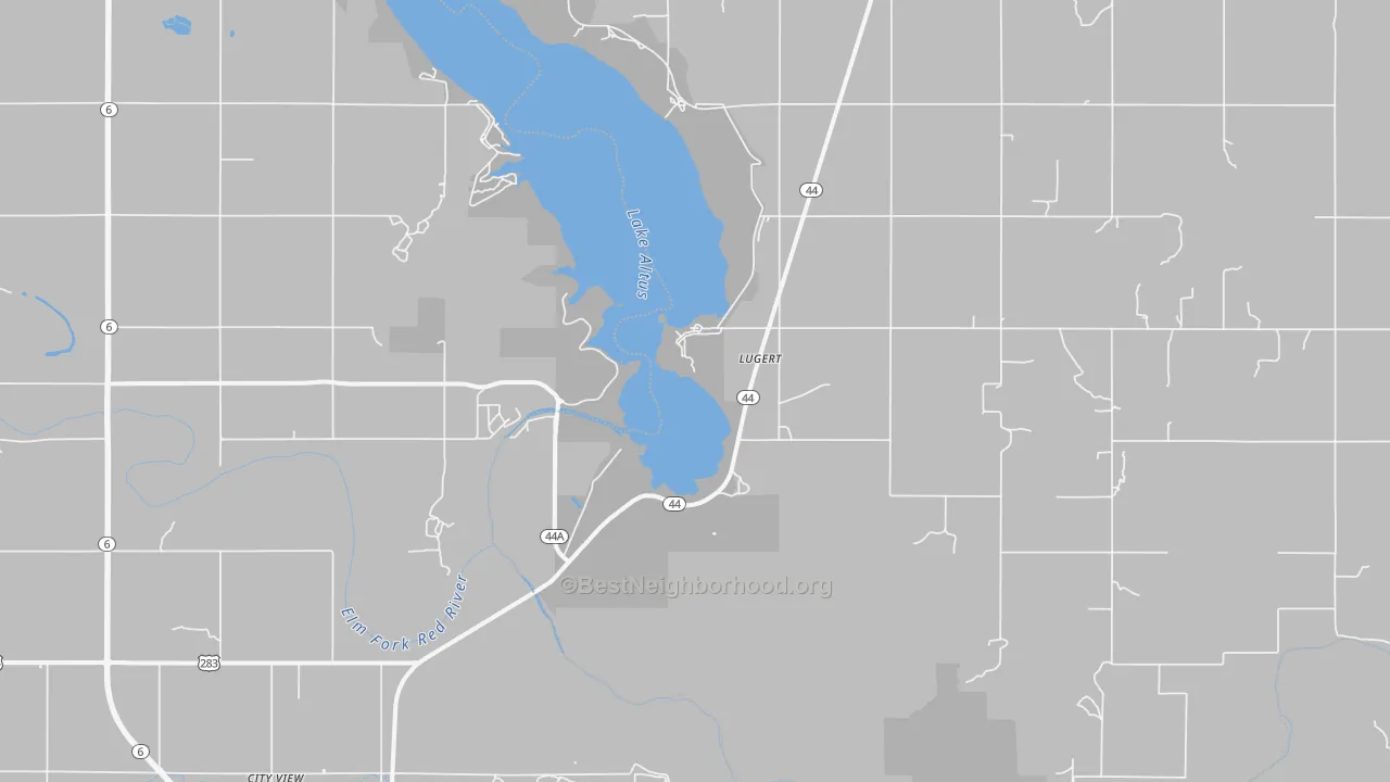 Walk Grade map of Lugert, OK, walkable areas in green and car-dependent areas in red