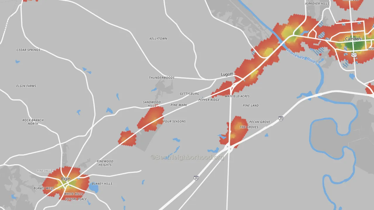 Walk Grade map of Lugoff, SC, walkable areas in green and car-dependent areas in red