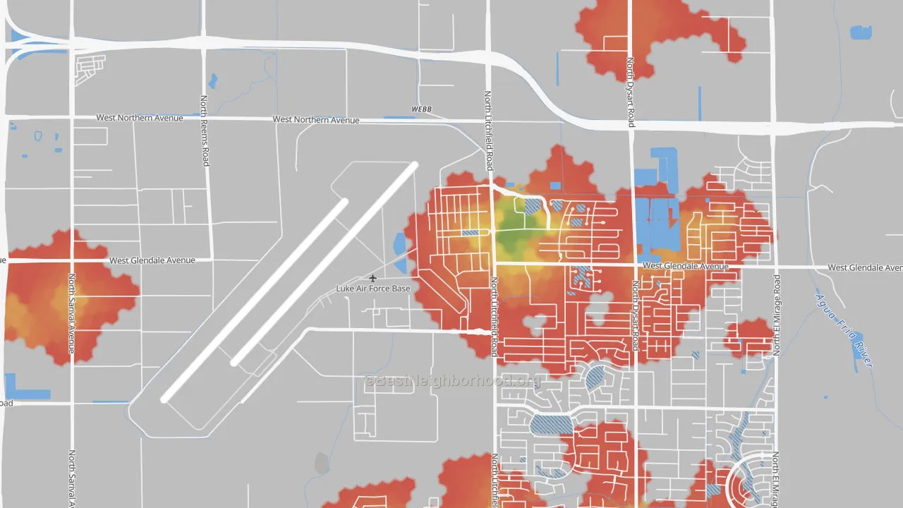 Walk Grade map of Luke Afb, AZ, walkable areas in green and car-dependent areas in red