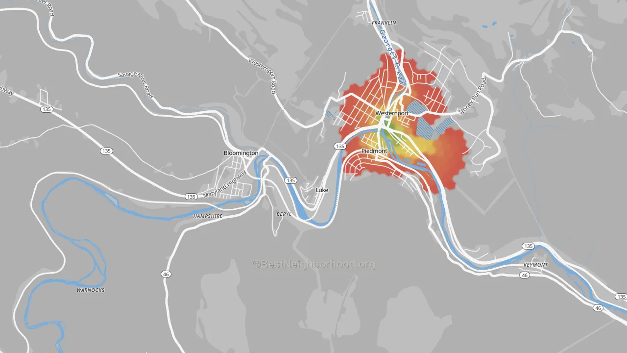 Walk Grade map of Luke, MD, walkable areas in green and car-dependent areas in red